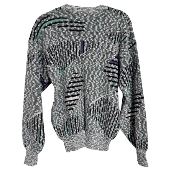 Vintage 90s FLUID Geometric Bubble Knit Sweater Mens Size S Gray Green Purple Ac - Picture 3 of 11